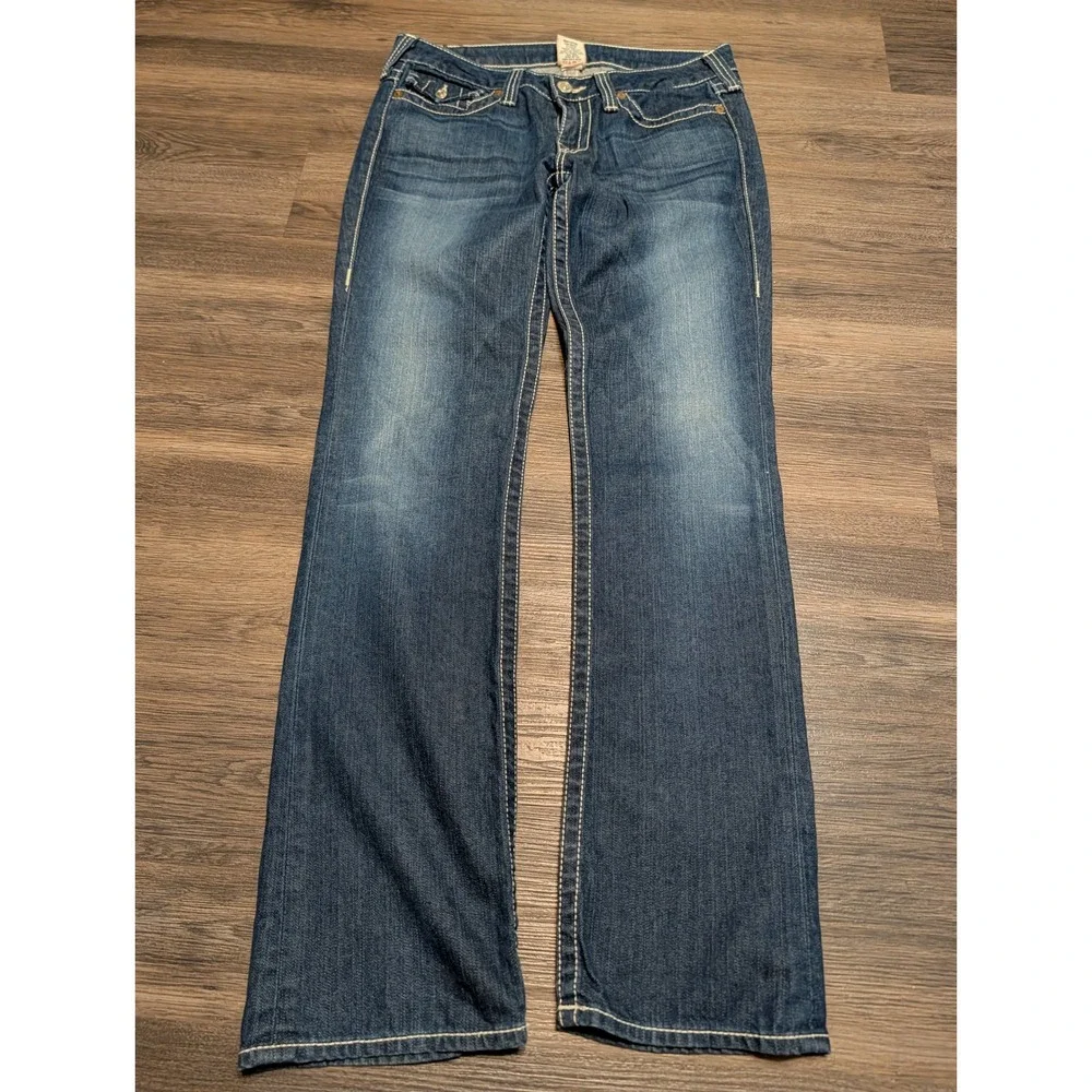 True Religion Billy Bootcut Jeans Mens 31 Dark Wash White Thick Stitch USA